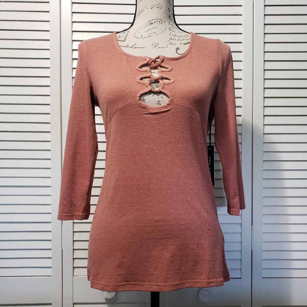 Doe & Rae 3/4 Sleeve Top Women's Size Small‎ Spice Brown Laced Front Detail